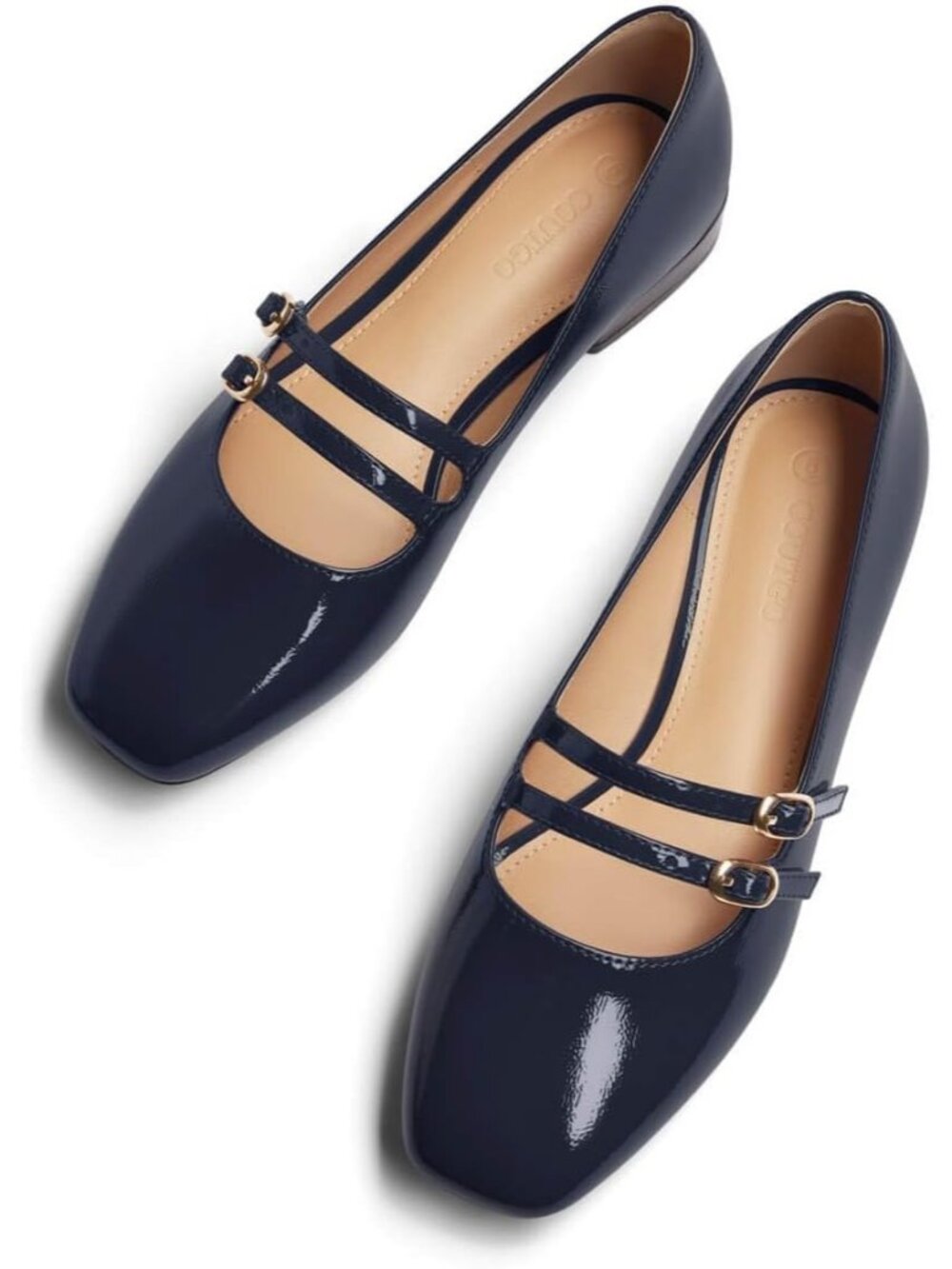 Women's Navy Faux Leather Square Toe Double Strap Slip On Dressy Ballet Flats